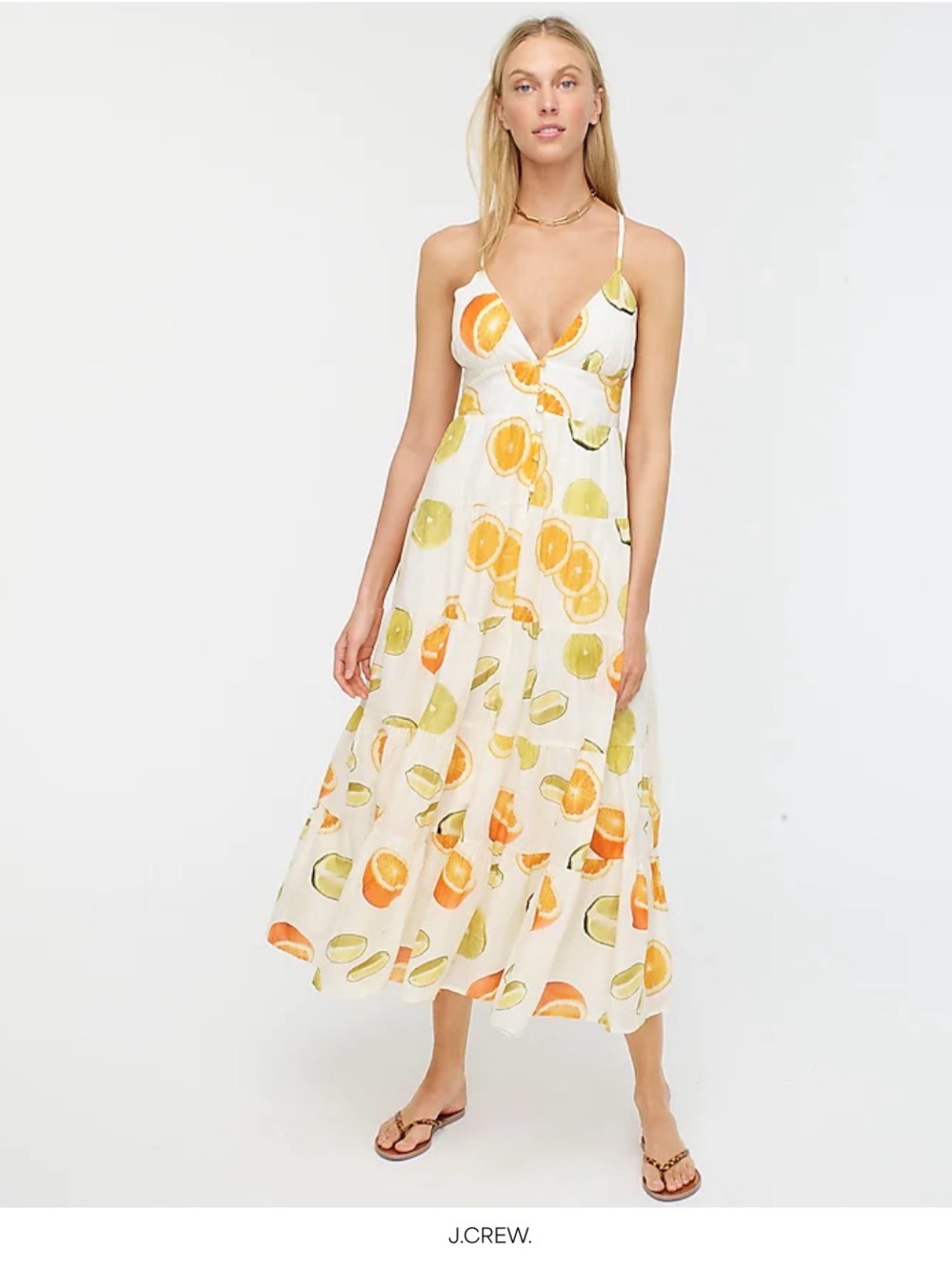J. Crew Cream Fruit-Print Maxi Dress with Orange and Green Motif